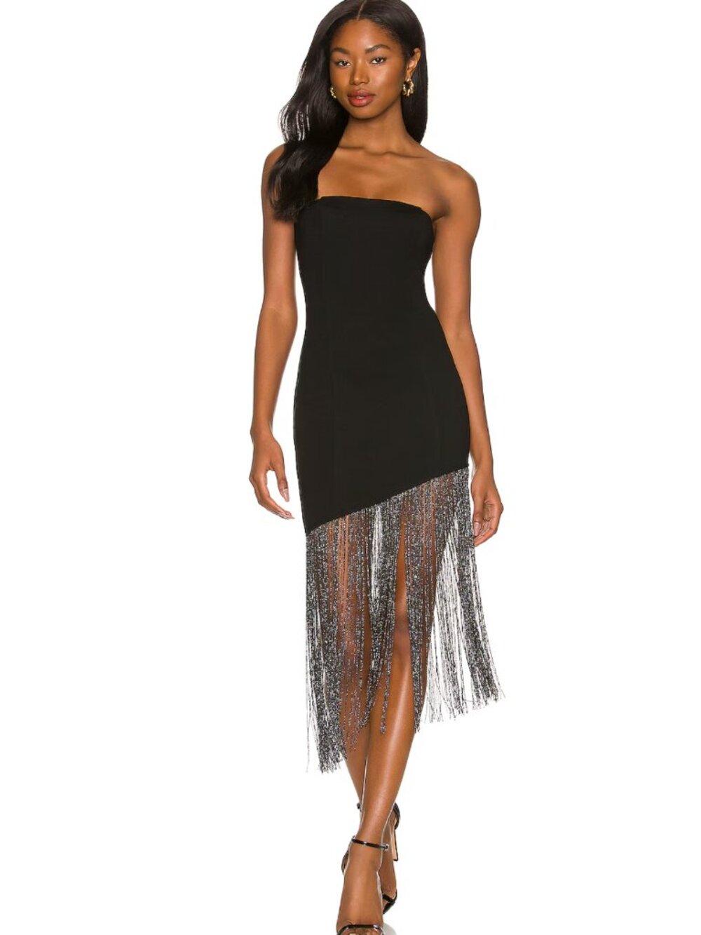 NEW superdown Cleo Strapless Midi Mini Dress in Black Silver Fringe XS